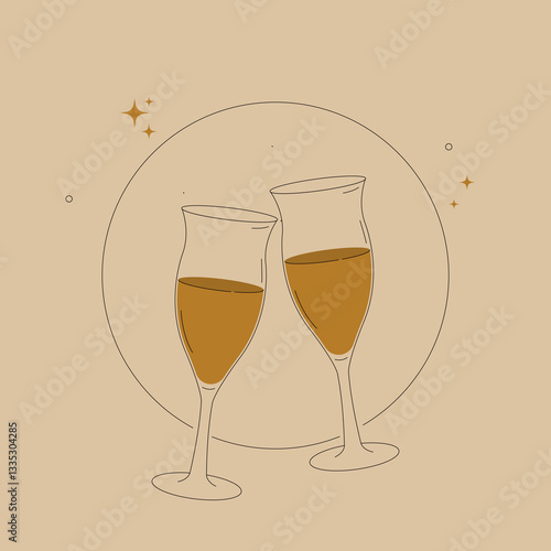 =Minimalist line art illustration of two champagne glasses clinking together on a beige background. Perfect for celebrations, weddings, branding, menus, and festive designs.