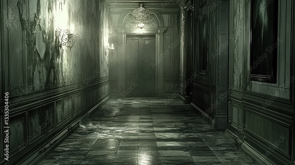 Obraz premium Eerie Corridor with Mysterious Door and Ornate Walls Perfect for Horror Mystery and Suspense