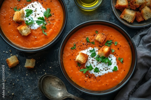Warm Bowls of Carrot Soup Topped With Croutons and Herbs on a Rustic Table Se...
