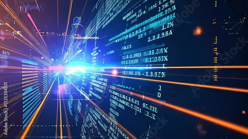 Dynamic data streams converge in a digital tunnel.  Abstract representation of programming code, data processing, and technology.  Visualizes rapid, complex calculations and information transfer