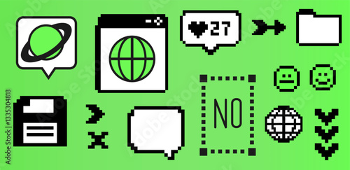 Vibrant Y2K vector illustration featuring retro digital icons like planets, hearts, and folders in a pixelated style, set against a bright green background. Pixels elements in the mood of 90's.