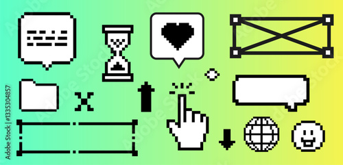 Pixels elements in the mood of 90's aesthetics. Y2k trendy stickers in 8-bit retro style on a gradient green background. Geometric Brutalism Simple forms, shapes and symbols.  