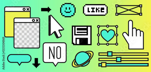 Pixels elements in the mood of 90's aesthetics. Y2k trendy stickers in 8-bit retro style on a gradient green background. Geometric Brutalism Simple forms, shapes and symbols.  