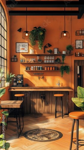 Cozy Coffee Shop Interior With Warm Orange Color Scheme and Decorative Plants...
