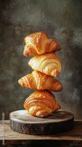 Croissants Stacked on a Wooden Board With a Rustic Background in a Bakery