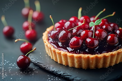 Delicious Cherry Tart Placed on a Black Slate With Fresh Cherries Around It