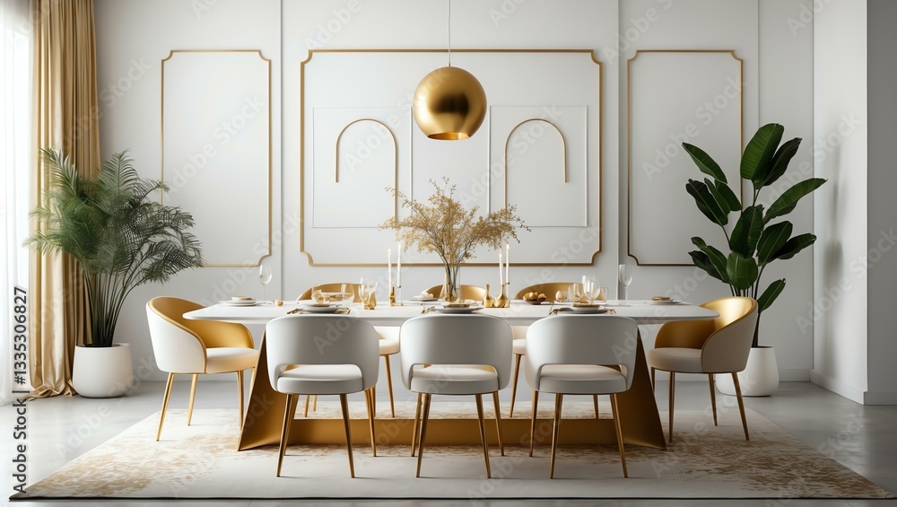 Aesthetic gradient white to gold themed dining room interior concept Aesthetic gradient white to gold themed dining room interior concept