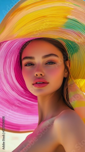 Beautiful Young Woman in Wide-Brimmed Hat Against Vibrant Beach Background Du...