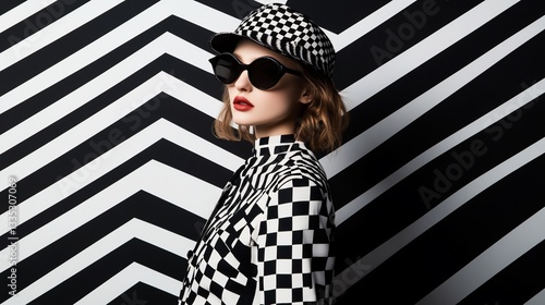 Chic model in checkered outfit, cap, and sunglasses against a bold geometric backdrop