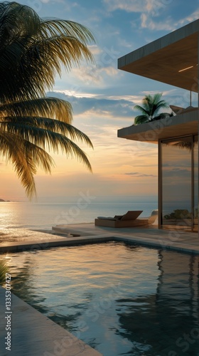Modern Beachfront Villa With Infinity Pool at Sunset Surrounded by Palm Trees