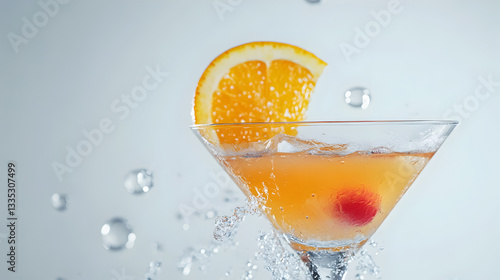 A glass of orange juice with a slice of orange on top is placed in a martini glass. The glass is filled with a splash of water