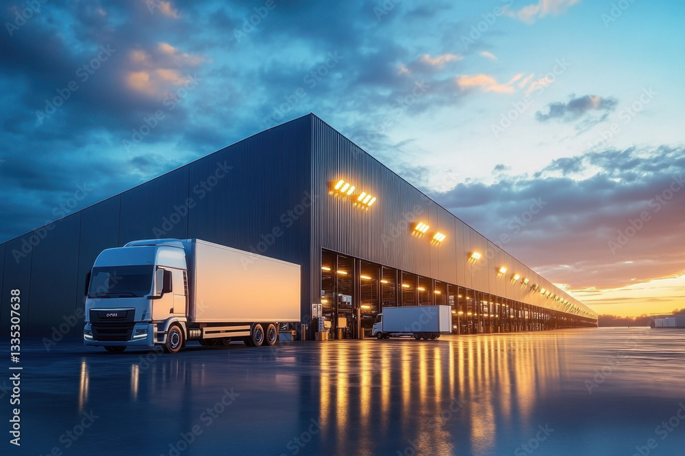 Fototapeta premium Stunning exterior of a modern warehouse featuring loading bays in blue and white at golden hour