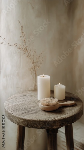 Soft Light From Candles Illuminates a Wooden Table With a Massage Brush on a ...
