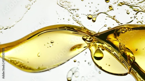 Realistic sunflower and olive oil splash in mid-air with droplets and bubbles on white background, frozen motion effect