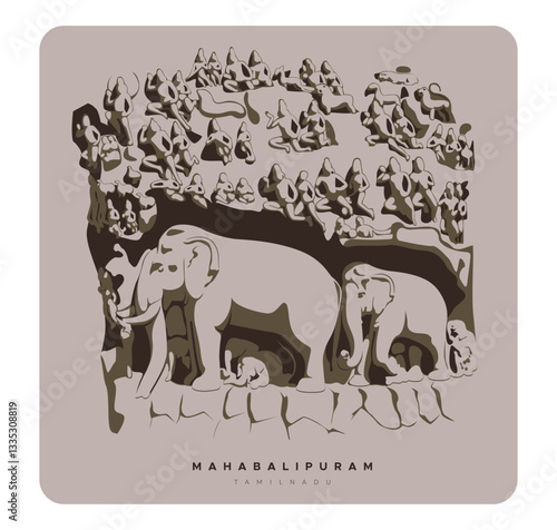 Rockcut Elephant Sculpture - Mahabalipuram - Stock Illustration