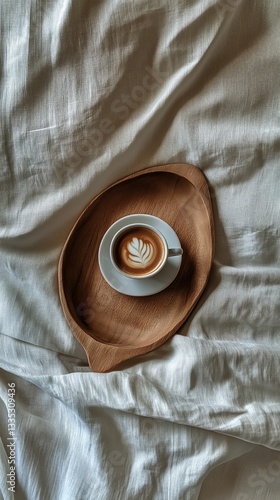 Warm Coffee Served in a Simple Cup on a Wooden Tray Atop Soft Bedding in a Co...