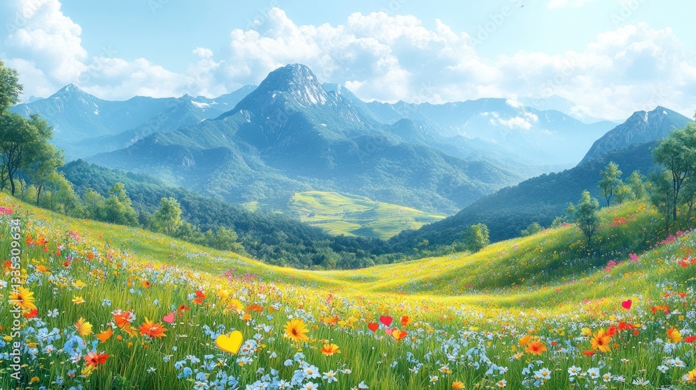 Fototapeta premium Serene Mountain Meadow: A Vivid Spring Landscape