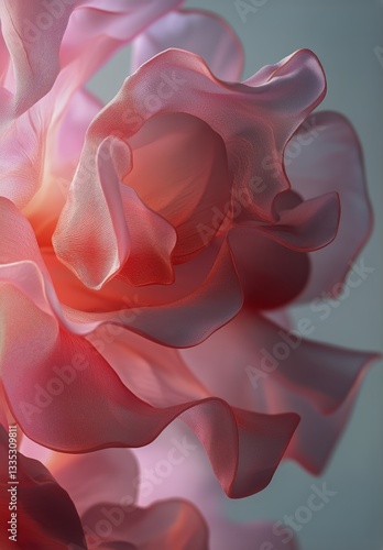 Softly Curled Rose Petals in Vibrant Shades of Pink and Red Against a Muted B...