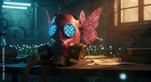 Gas Mask with Butterfly Wings Steampunk Style Still Life on Table