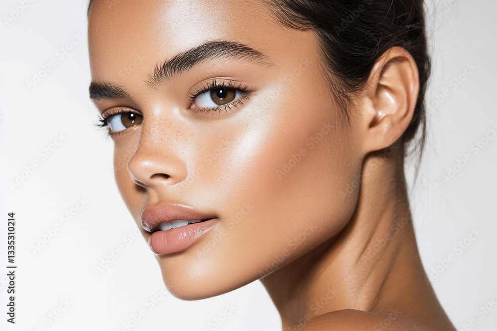 Naklejka premium Close-up portrait of a woman with sun-kissed skin, defined brows, and subtle makeup