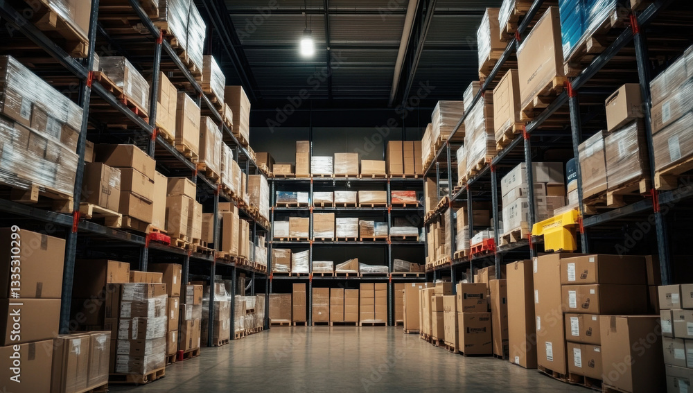 Obraz premium Big Retail Warehouse full of Shelves with Goods Stored on Manual Pallet Truck in Cardboard Boxes and Packages. Forklift Driving in Background. Logistics and Distribution Facility for Product Delivery