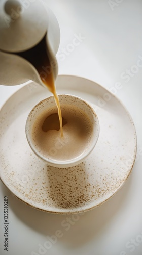 Warm Coffee Being Poured From a Pot Into a Speckled Cup on a Simple Plate