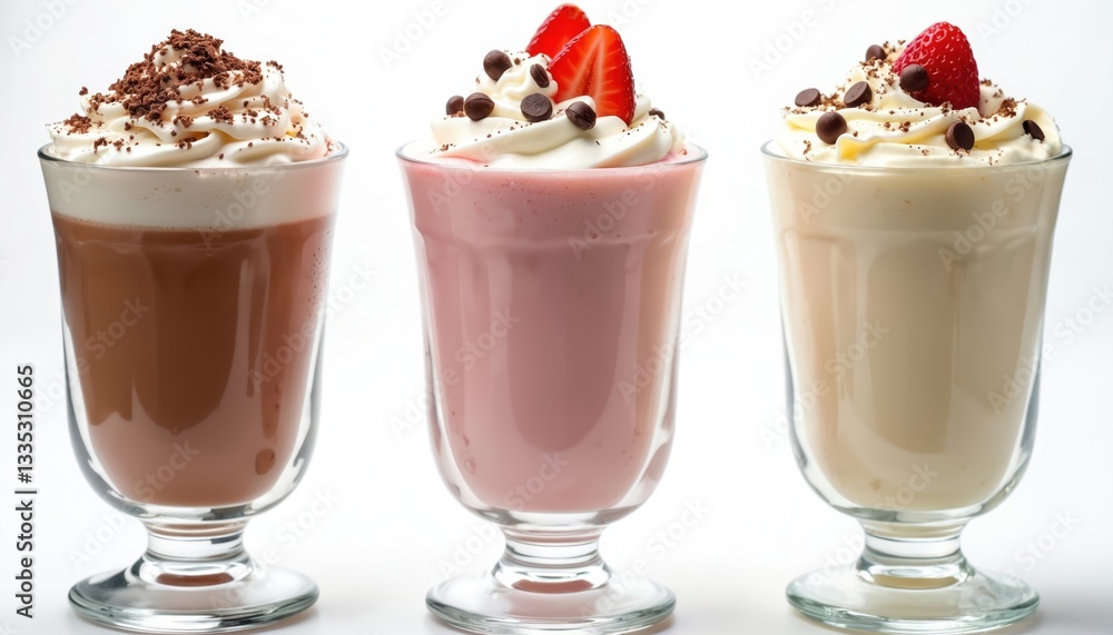 Three milkshakes in glasses on white background. Chocolate, strawberry and vanilla flavor beverage with whipped cream, fruit topping, sprinkles. Sweet dessert drink isolated for menu, recipe book. Three milkshakes in glasses on white background. Chocolate, strawberry and vanilla flavor beverage with whipped cream, fruit topping, sprinkles. Sweet dessert drink isolated for menu, recipe book.