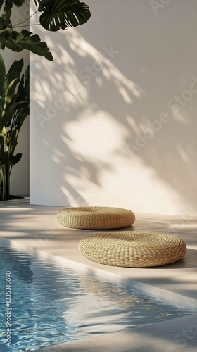 Relaxing Seating by the Pool Under Soft Sunlight in a Tranquil Space