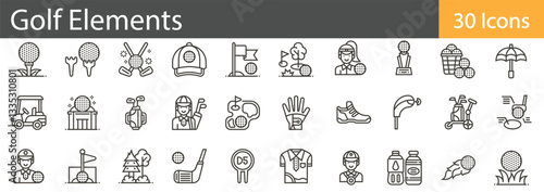 Golf Elements Line Icons Set. Collection of 30 outline icons representing golf equipment, tools, and game-related elements. Editable stroke vector illustration.