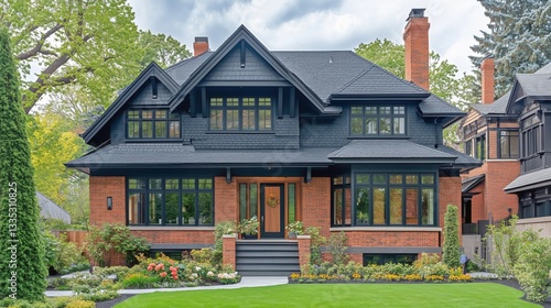 Beautiful Modern Home With Dark Exterior and Landscaped Garden in a Serene Ne...