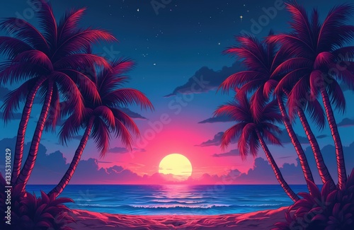 Illustration of sea sunset with neon palm trees on beach. Tropical landscape in vibrant electric colors. Exotic seaside view at night. Summer party design or futuristic travel background.