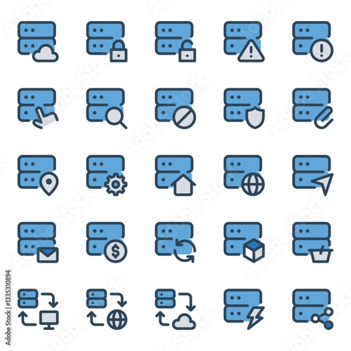 Filled blue outline icons set for Database and Server.