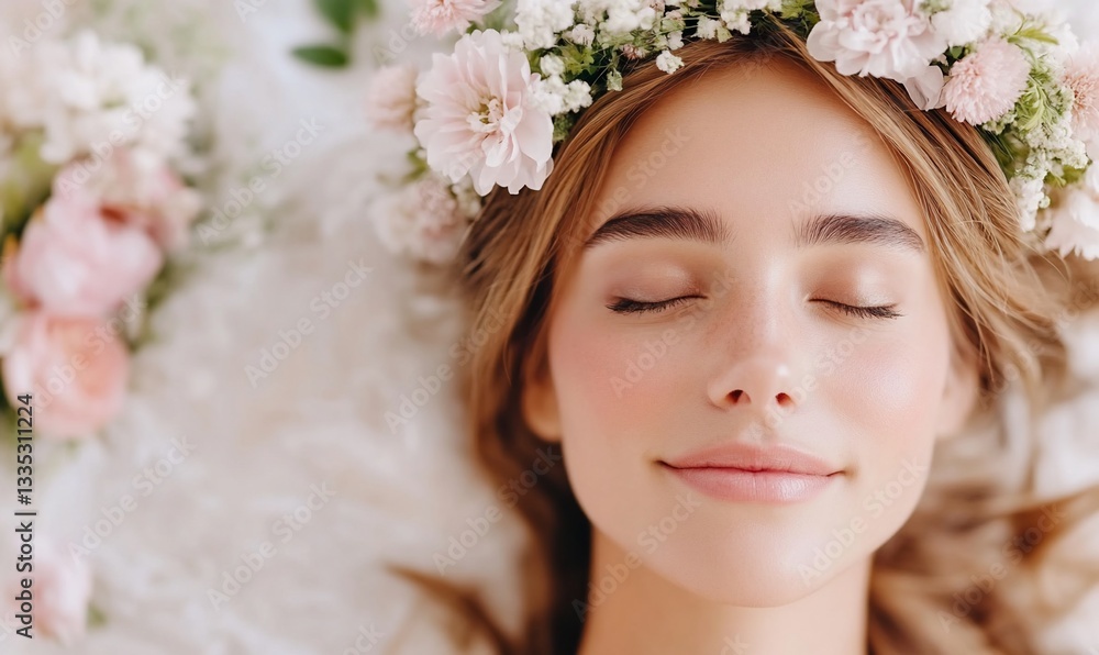 Serene woman with flower crown, eyes closed, peaceful expression Serene woman with flower crown, eyes closed, peaceful expression