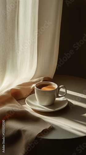 Morning Light Illuminating a Cup of Espresso on a Cozy Table