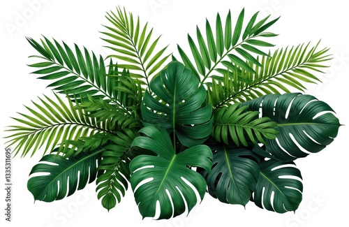 Bunch of fresh green tropical plant leaves. Palm tree and monstera foliage on transparent background. Exotic rainforest rich natural leafage for design. Summer jungle flora.