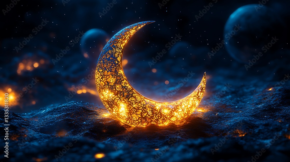 Fototapeta premium Shimmering Golden Crescent Moon Against a Starry Sky with Distant Planets