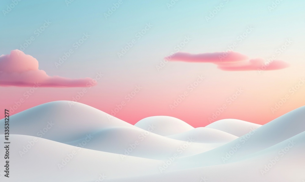 Soft pink clouds drift over serene, rolling white hills at sunset, a dreamy pastel landscape. Soft pink clouds drift over serene, rolling white hills at sunset, a dreamy pastel landscape.
