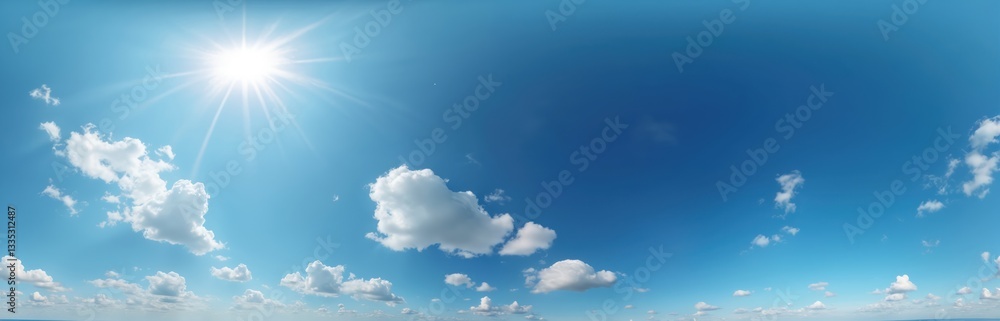 Obraz premium Seamless panorama of blue sky with light clouds in spherical equirectangular format. Complete zenith. Sky dome for 3D graphics, games and aerial drone 360 degree panoramas.