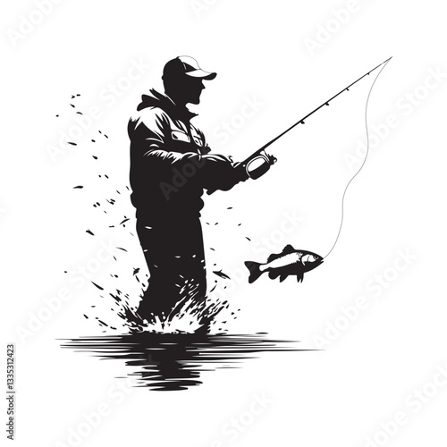 Black color vector silhouette  a man fishing