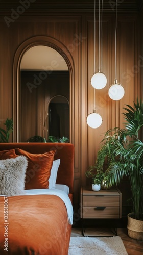 Cozy Orange Bedroom With Warm Lighting and Lush Greenery in a Modern Design