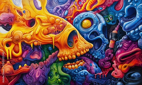 Wallpaper Mural A vibrant, surreal pattern of skulls and organic shapes creates a psychedelic and dreamlike aesthetic. Torontodigital.ca