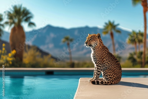 Leopard Lounging by a Tranquil Pool Surrounded by Palm Trees and Mountains in...