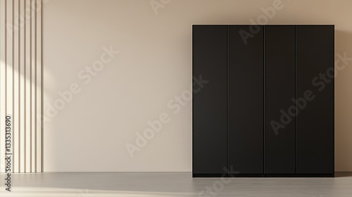 A matte black wardrobe with sleek closed doors standing against a minimalist beige wall in the modern interior of a minimal home
