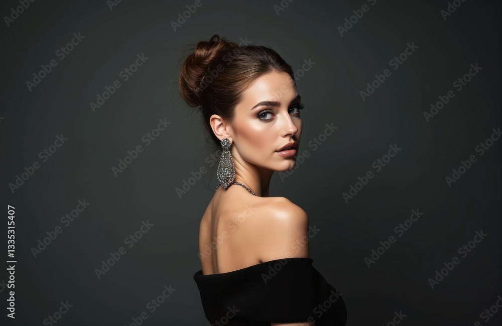 Classic beauty portrait of young woman with perfect evening makeup on dark background. Pro beauty eyeshadow makeup, long eyelashes. Glamour girl in black dress with luxury earring. Beauty style. Classic beauty portrait of young woman with perfect evening makeup on dark background. Pro beauty eyeshadow makeup, long eyelashes. Glamour girl in black dress with luxury earring. Beauty style.