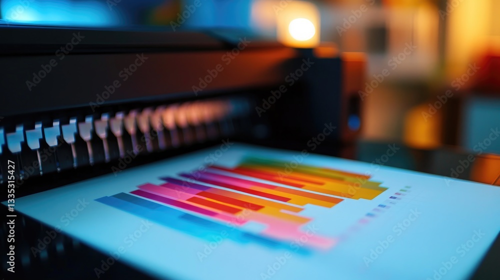 High-Quality Printer Producing Colorful Graphic Print on Glossy Paper in Creative Workspace Setting High-Quality Printer Producing Colorful Graphic Print on Glossy Paper in Creative Workspace Setting