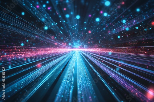 High-speed data transfer concept background with blue and purple light trails moving rapidly in the dark, a digital technology and internet design illustration of a futuristic highway road or tunnel t