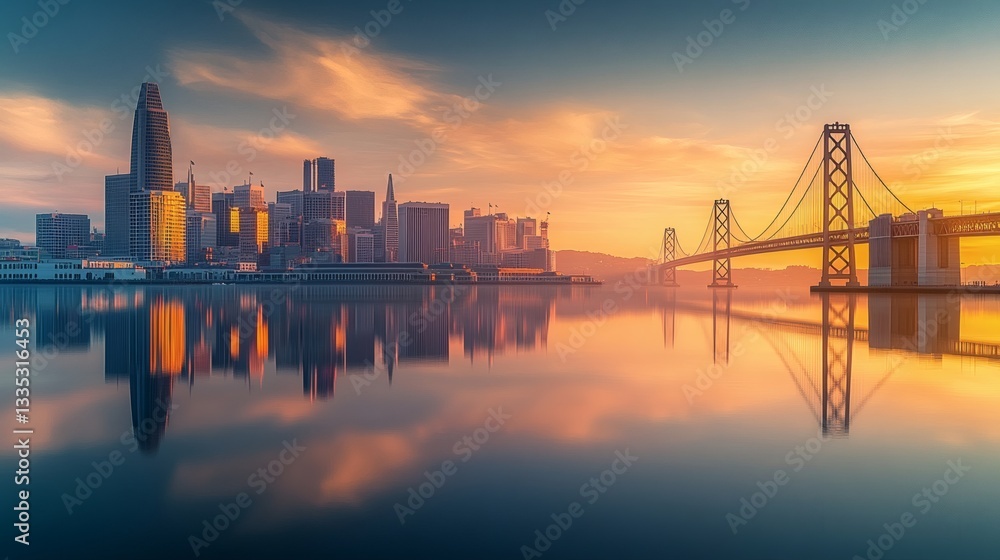 Fototapeta premium A beautiful city skyline with a large bridge at sunrise