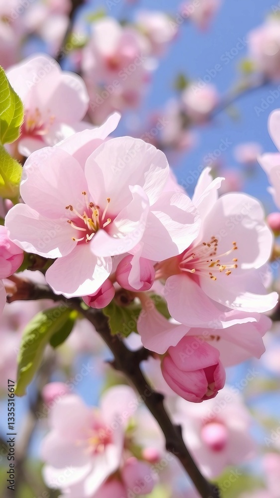 Fototapeta premium Nahaufnahme von zarten Apfelblüten in Weiß und Rosa an einem Ast. Ideal für Frühlingsdesigns und botanische Hintergründe