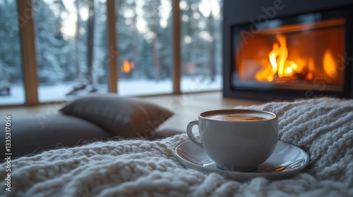 Cozy Living Room with Fireplace and Warm Coffee Cup on Blanket