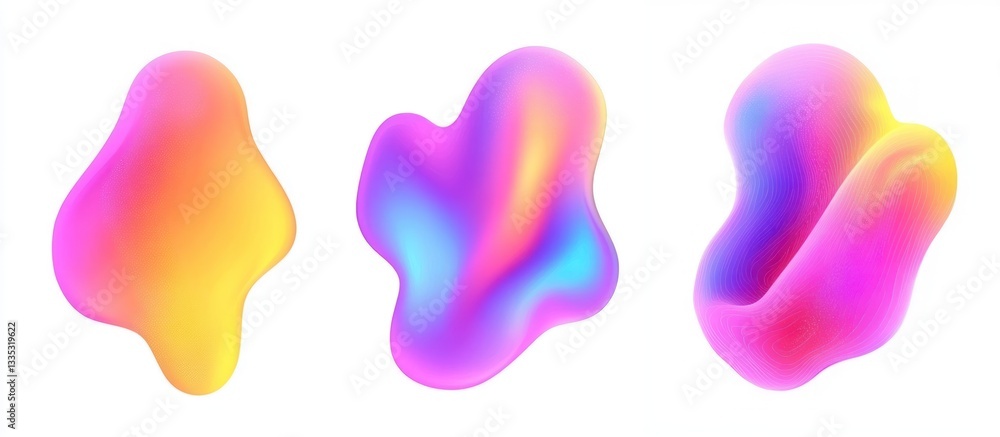 A vibrant collection of three iridescent blobs, showcasing a gradient of pink, purple, yellow, and blue hues. Ideal for backgrounds, design elements, and artistic projects. A vibrant collection of three iridescent blobs, showcasing a gradient of pink, purple, yellow, and blue hues. Ideal for backgrounds, design elements, and artistic projects.